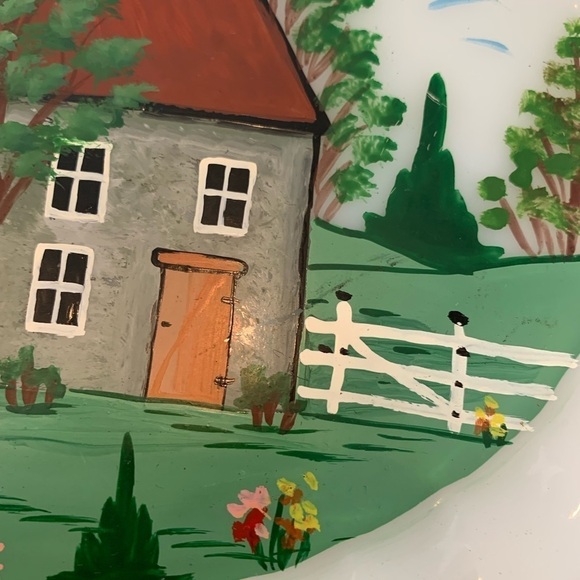 Hand-painted Milk Glass Oval Platter Old Mill Scene 13” x 10” - Picture 7 of 8